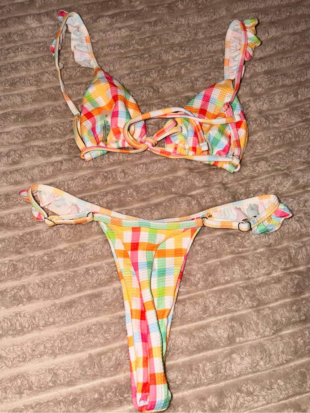 Colorful Plaid Ruffle Triangle Bikini Set - Picture 3 of 7